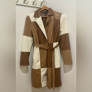 Brown + white patchwork and faux leather trench coat